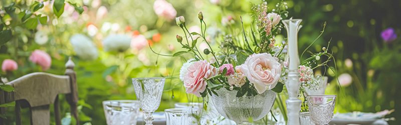 Beautifully set table for a garden party, adorned tablescape with vibrant floral arrangements, under the shade of blossoming rose bushes, inviting a sense of elegance and natural charm