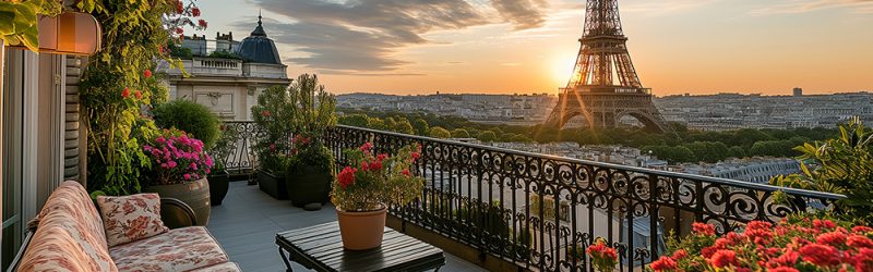 Stylish terrace with blooming flowers, comfortable seating, offering a clear view of the iconic Eiffel Tower --ar 4:3 --style raw --stylize 250 --v 6 Job ID: dd8cf78a-cea9-4394-8906-f29c24b3b076